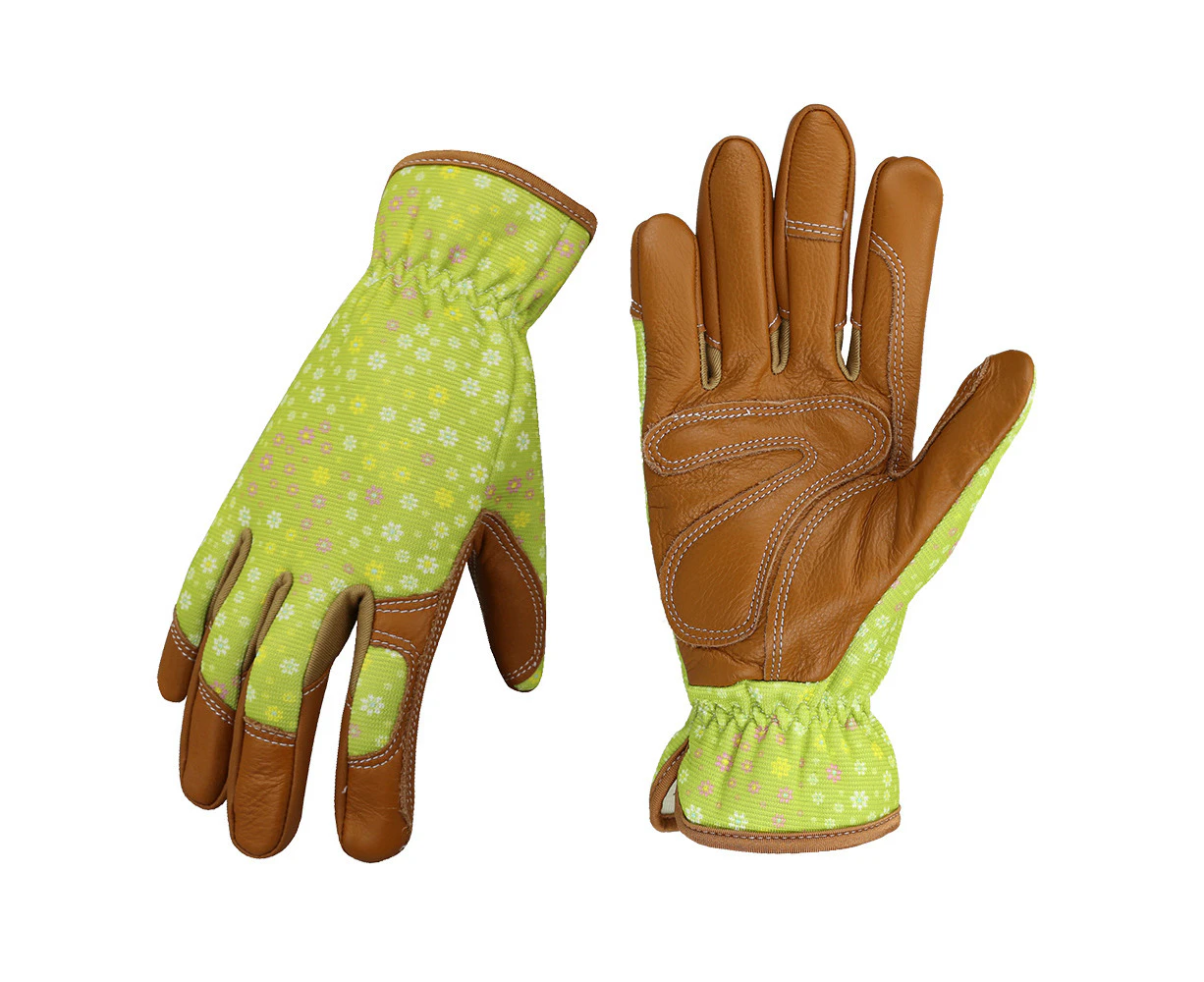 Women Gardener Planting Leather Work Gloves, Restoration Work, Protective Gardening Gloves - Green