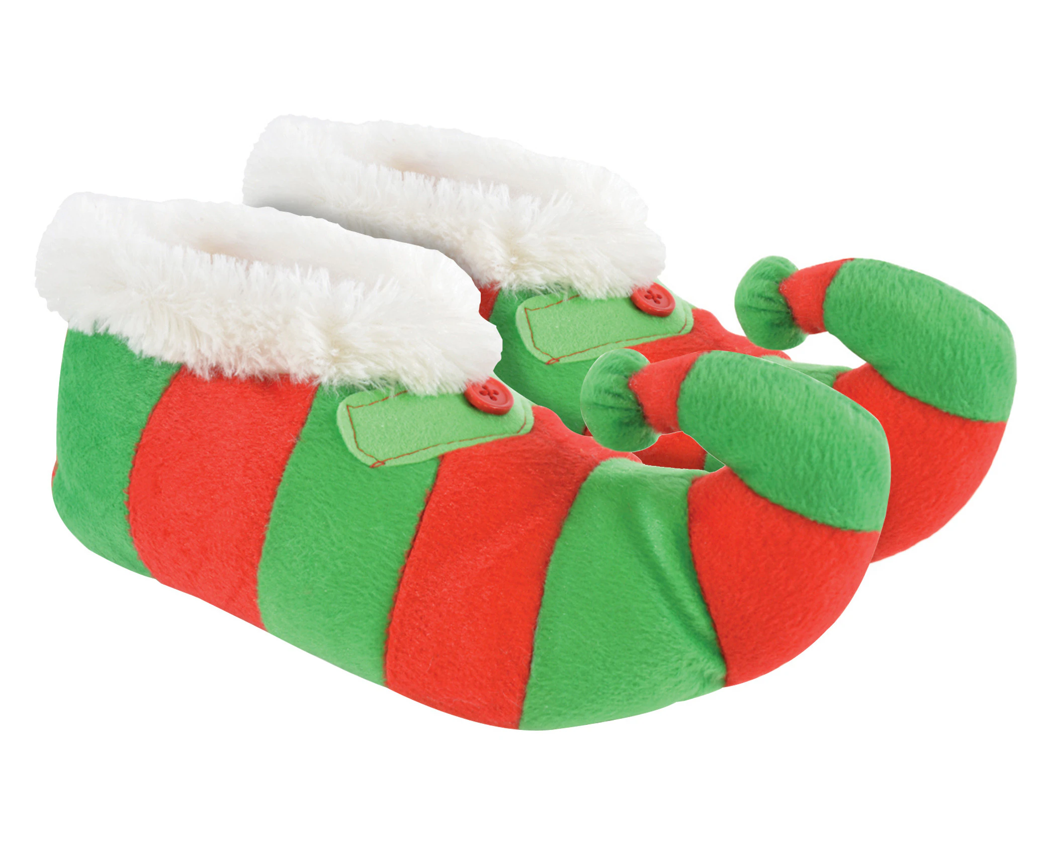 Novelty Childrens Christmas Elf Slippers | Funky Fleece Linied Red & Green Striped Xmas Slippers for Kids - Red & Green