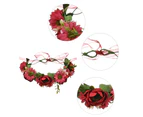 Floral Crown Boho Flower Headband Hair Wreath Floral Headpiece Halo with Ribbon Wedding Party Festival - Red