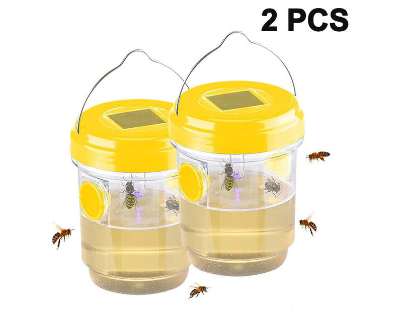 2 Pack Solar Wasp Traps Hanging, Solar Powered Wasp Killer with UV LED Light, Reusable Bee Catcher Outdoor for Hornets - Yellow