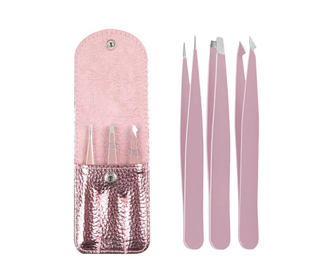 3 Pcs Professional Tweezers Set Stainless Steel With Fashion Leather Travel Case (shiny Pink)