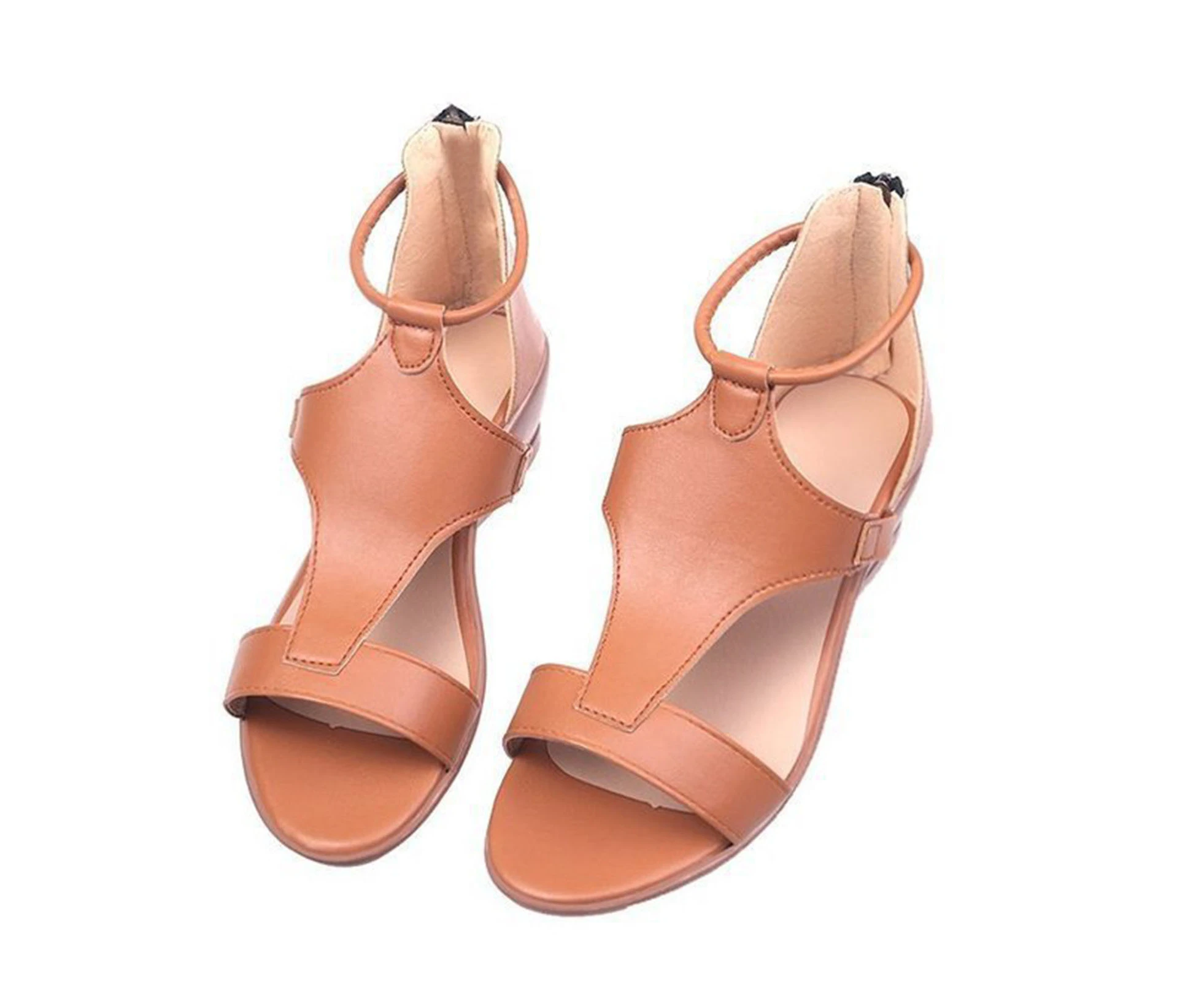 Women Ankle Strap Open Toe T-Strap Wedge Sandals Walking Shoes Footwear for Daily Wear-Brown