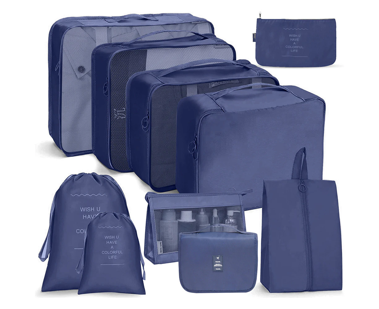 10pcs Packing Cubes Travel Pouches Luggage Organizer Clothes Suitcase Storage Bag - Navy