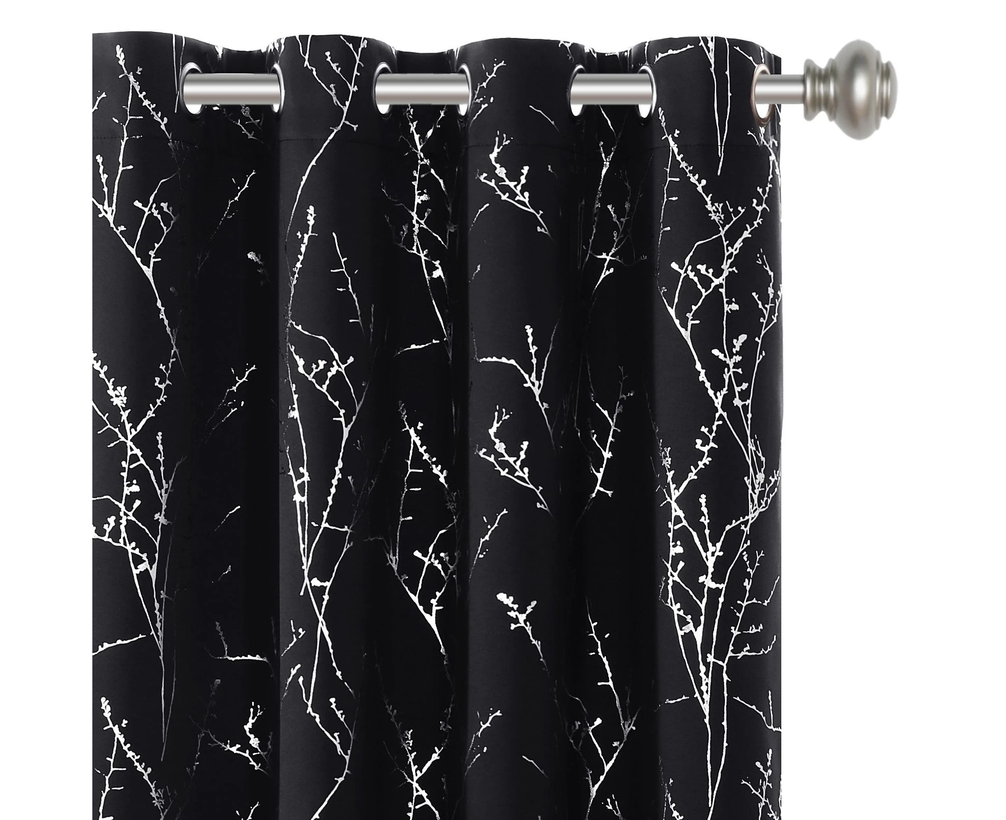 2x Blackout Curtains Foil Print Twig Tree Branch Thermal Insulated Grommet Curtain Drapes Light Blocking Thick Soft Window Curtain for Living,Jet Black