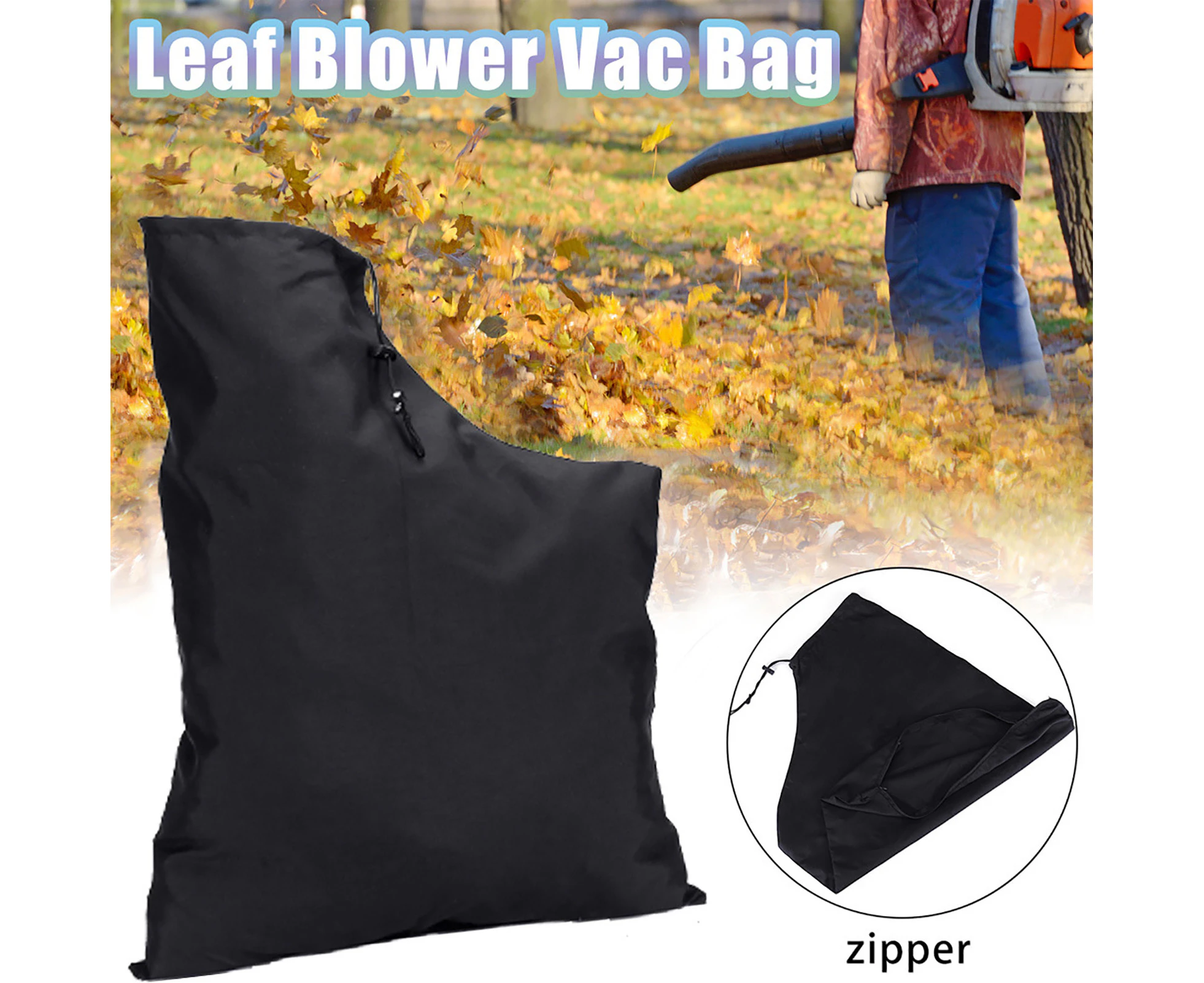 Leaf Blower Bag Zippered Type Dust Collection Waterproof Vacuum Outdoor Leaf Shredder Pouch for Garden - Black