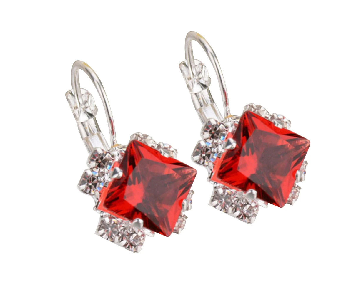 Women Fashion Shiny Rhinestone Leverback Earrings Engagement Wedding Jewelry-Red