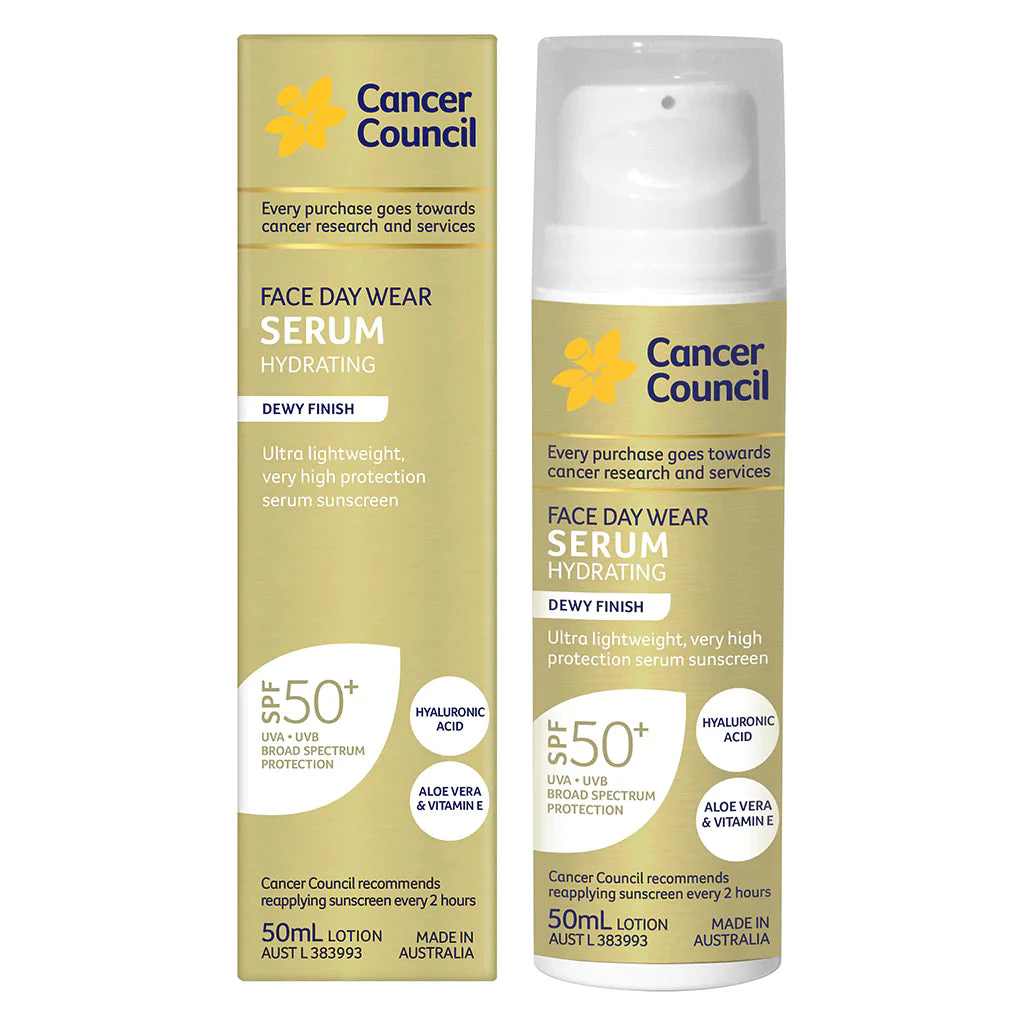 Cancer Council SPF50+ Face Day Wear Hydrating Serum 50ml - Hyaluronic Acid, Aloe Vera and Vitamin E