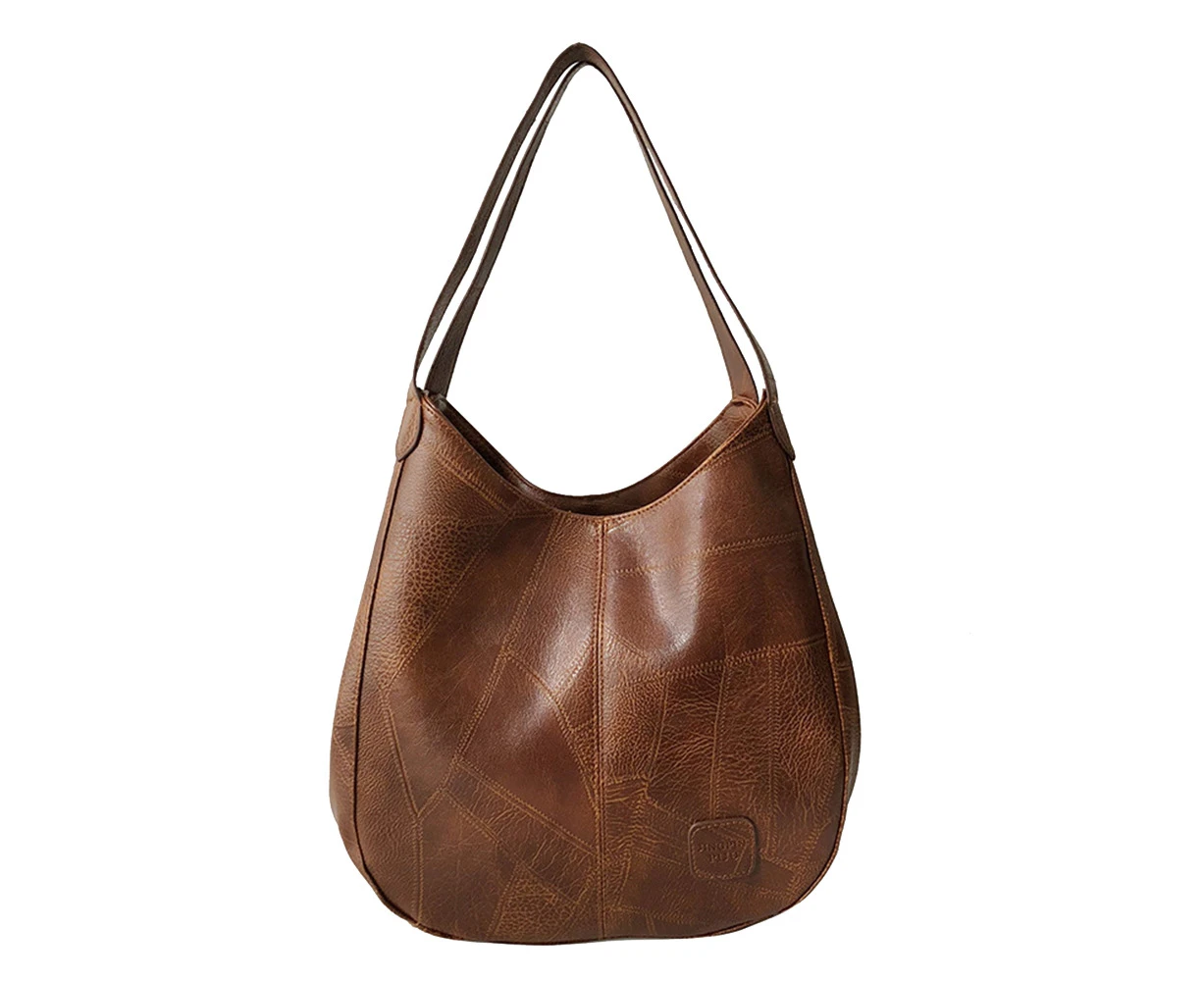 Vintage Solid Color Faux Leather Handbag Women Large Capacity Tote Shoulder Bag-Light Brown