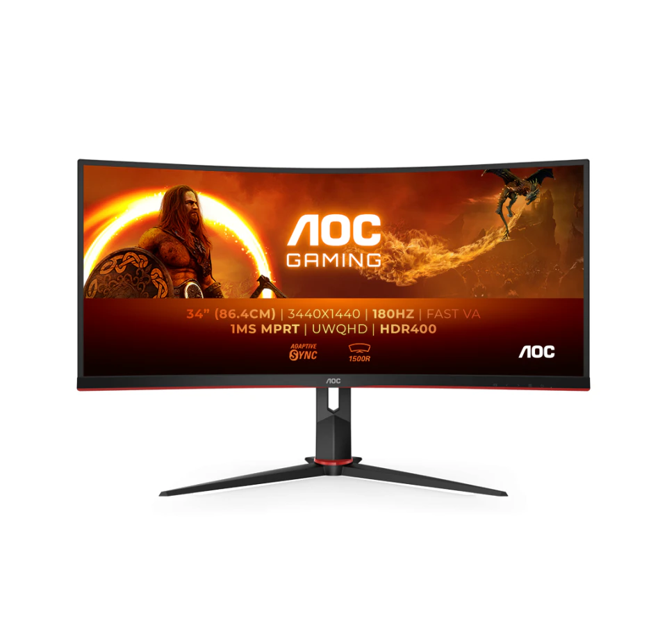 AOC 34' Curved 3440 x 1440 21:9, 1ms, 400cd/m2 HDR, Ultra Fast 180Hz Panel, Adaptive Sync, HDMI: 2.2, DisplayPort: 1.4 Gaming Monitor