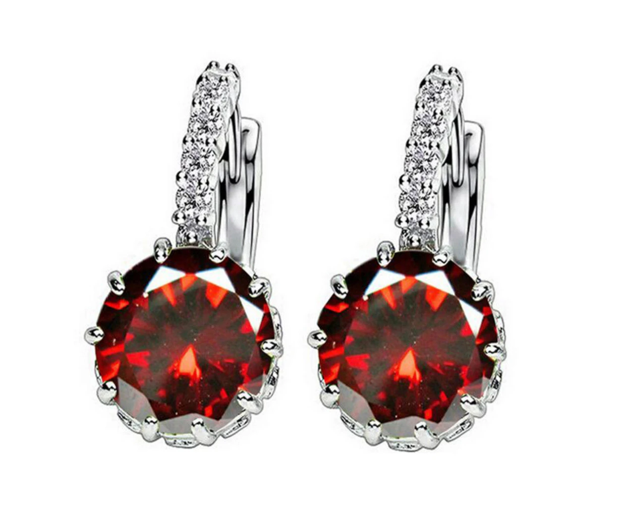 Women Round Cubic Zirconia Inlaid Stud Earrings Wedding Engagement Jewelry Gift-Deep Red*