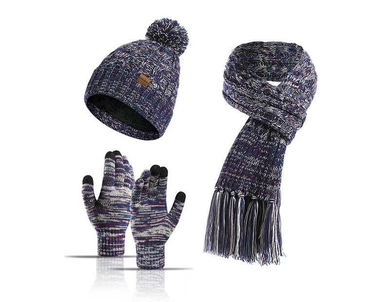 1 Set Hat Gloves Scarf Twist Pattern Knitted Women Thickened Lining Hat Touchscreen Gloves Scarf for Autumn Winter-Purple