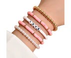 5Pcs Unisex Bracelets Colorful Bohemian Polymer Clay Love Letters Faux Pearls Bracelets for Party-Pink