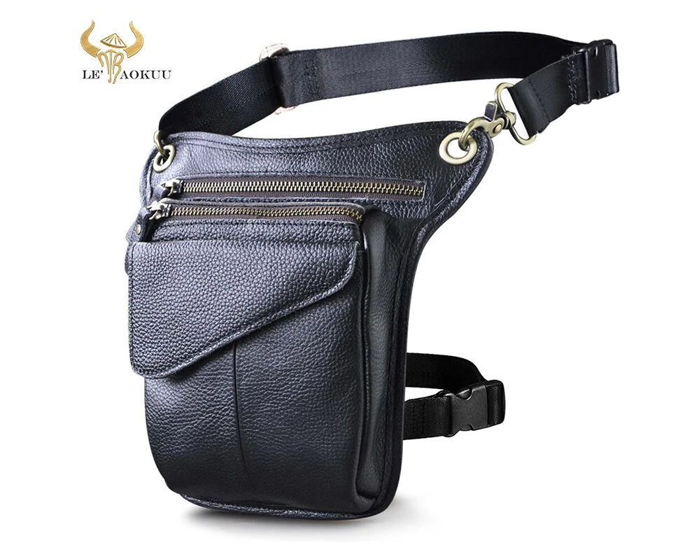 Canvas+Thick Leather Multi-function Design Sling Shoulder Messenger Bag Travel Fanny Waist Belt Pack Drop Leg Bag For Men 211-3 - Black