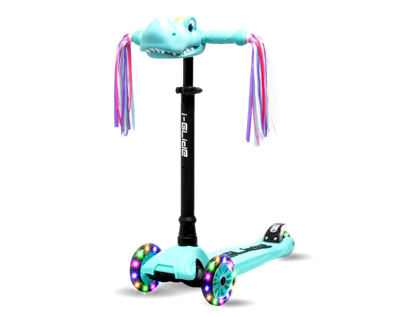 I-GLIDE 3 Wheel Kids Scooter with Dinosaur Head and Ribbons - Aqua