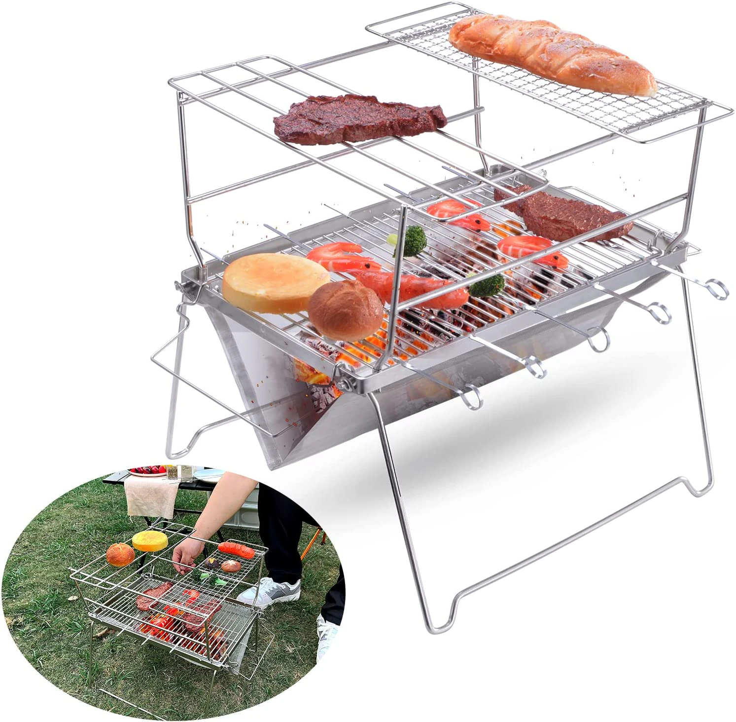 Portable Folding BBQ Charcoal Grill Stainless Steel for Picnic, Camping and Backyard Barbecue