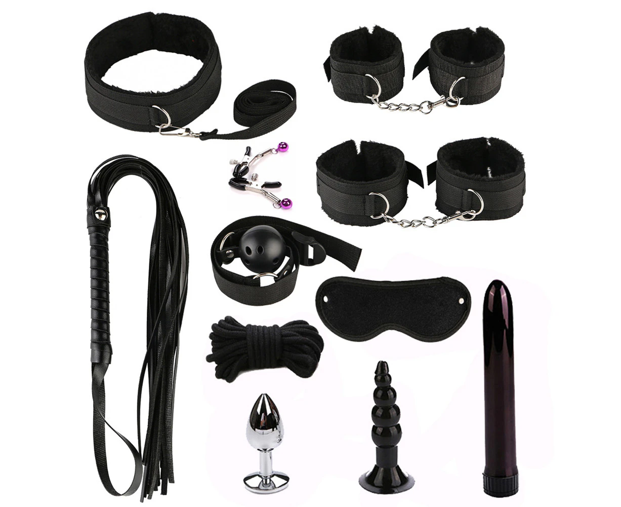 11Pcs Sex Toys Kit BDSM Bondage Whip Handcuffs Butt Plug Sexy Adult Game Tools-Black