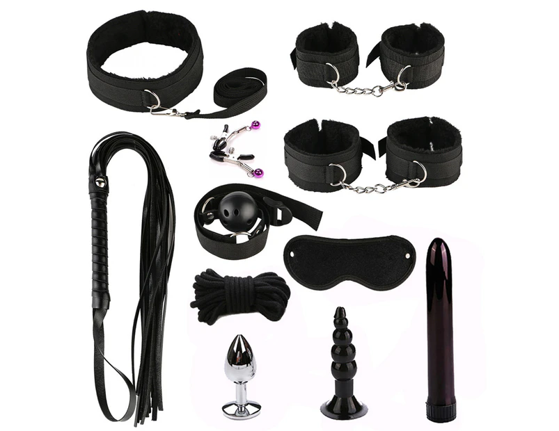 11Pcs Sex Toys Kit BDSM Bondage Whip Handcuffs Butt Plug Sexy Adult Game Tools-Black