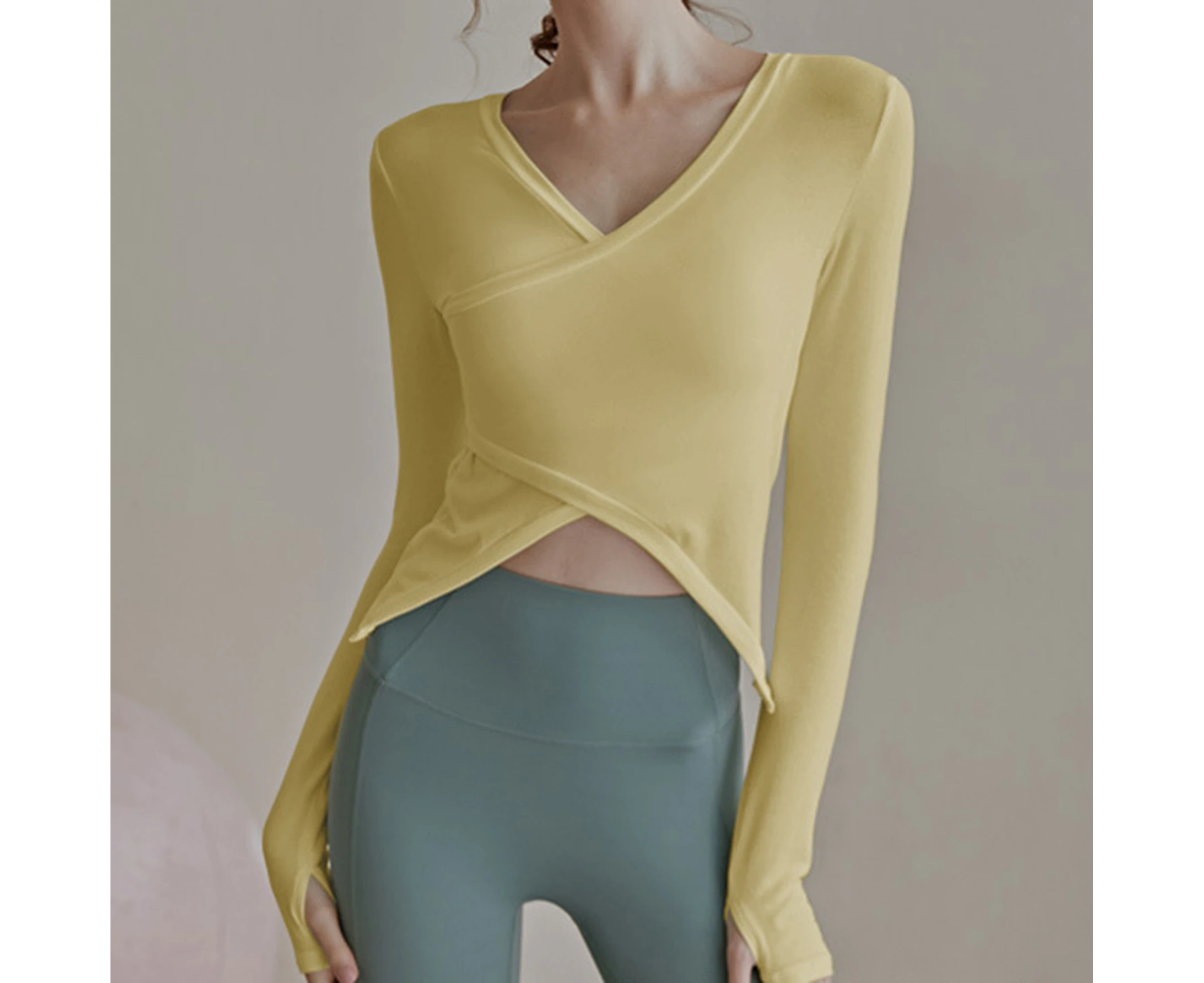 V-neck Long Sleeve Yoga T-shirt Irregular Hem Cross Strap Women Sports Shirt Ladies Clothing-Yellow