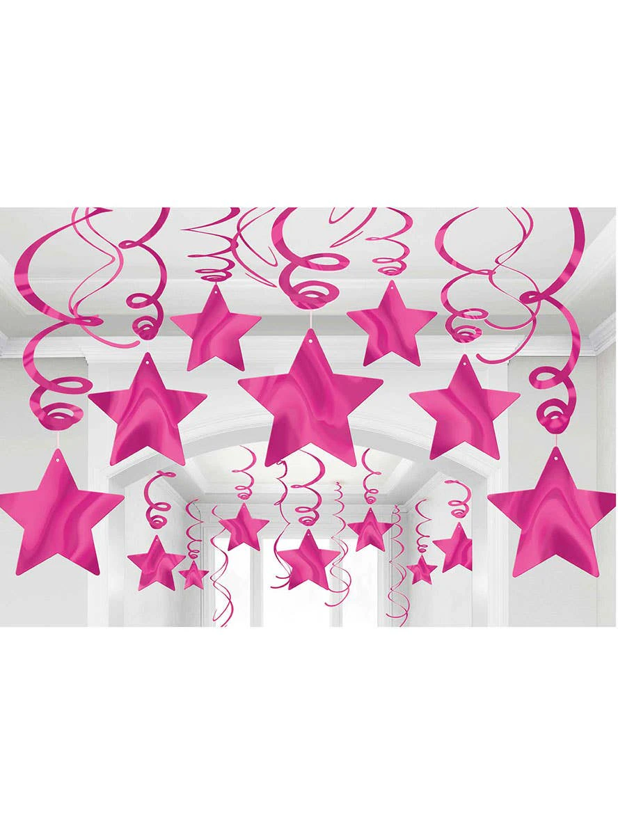 Bright Pink Foil Stars Hanging Decorations-New