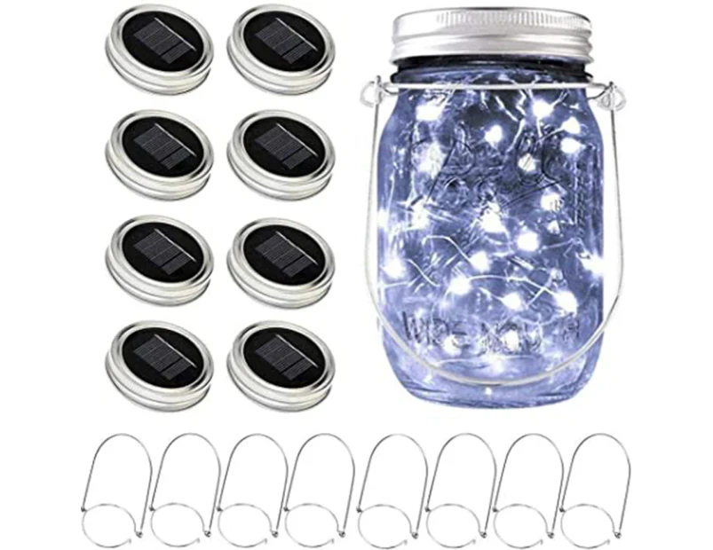 Solar Mason Jar Lights, 8 Pack of 20 LED Jar Lid String Lights with Hanger (No Jar), Patio Garden-Warm White