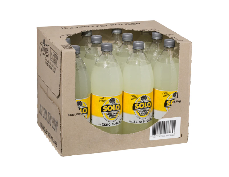12pc Solo Zero Sugar Lemon Flavoured Soft Drink Carbonated Soda Bottles 1.25L