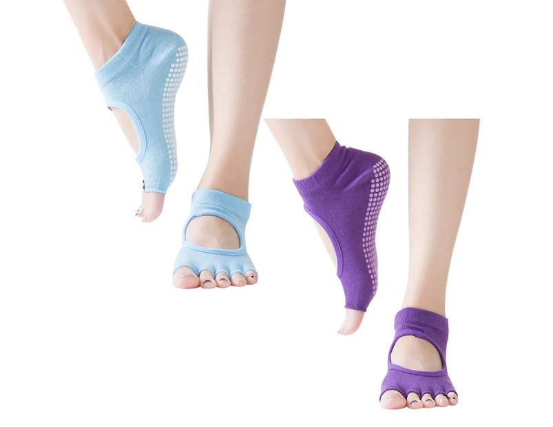 Half Toe Multi Pack - Grip Non-Slip Toe Socks for Pilates, Barre, Yoga, Ballet - Purple+Blue