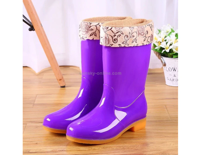 Women Mid-Tube Rain Boots Waterproof Shoes Overshoes  Adult Kitchen Work Shoes, Colour: Plus Velvet (Purple), Size: 38