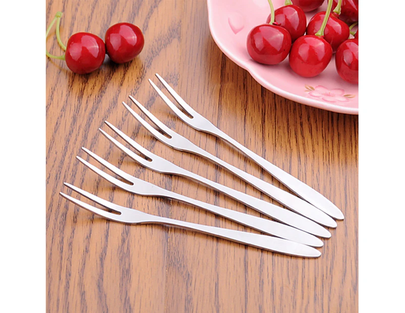 10Pcs Reusable Fruit Picks Round Tines 304 Stainless Steel 2-Tine Food Grade Dessert Fork Kitchen Tools-Silver