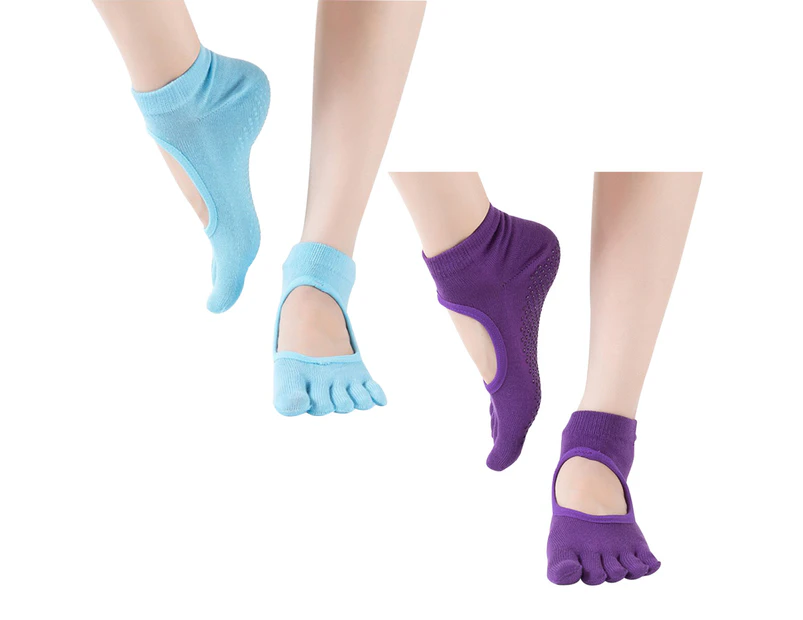 Grip Non-Slip Toe Socks for Pilates, Barre, Yoga, Ballet - Purple+Blue