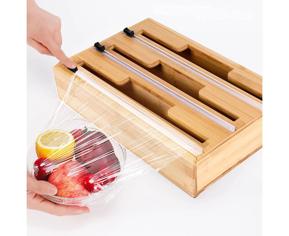 Bamboo Food Wrap Dispenser Cutter Foil Cling Film Storage Holder