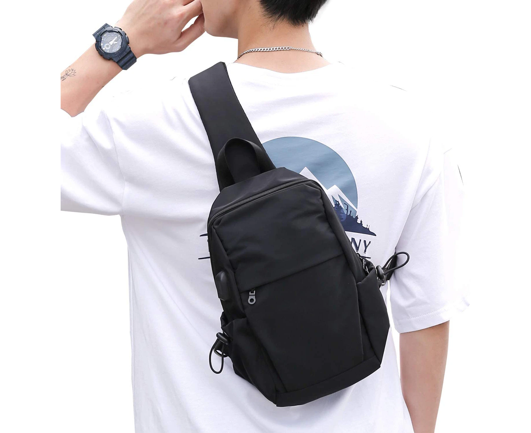 Small Black Sling Crossbody Backpack Shoulder Bag for Men Women, Lightweight One Strap Backpack Sling Bag