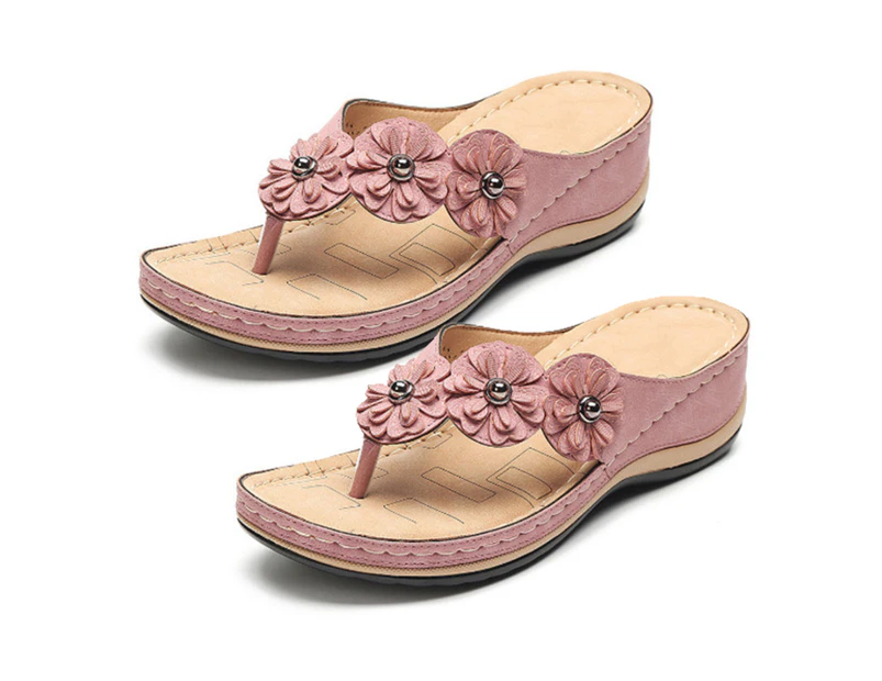 Flower Round Toe Wedge Open Toe Anti-slip Sandals Flip Flops Footwear for Daily Life-Pink