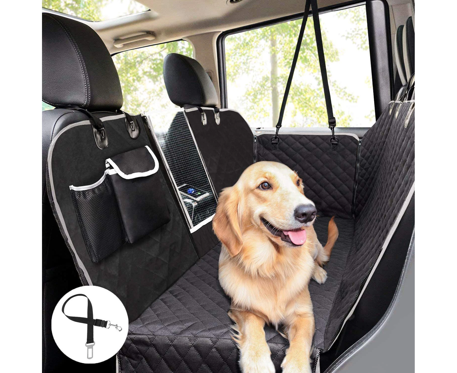 Mesh Viewing Window & Storage Pocket, Waterproof Non-Scratch Dog Car Hammock for Car Backseat Protection, Back Seat Dog Pet Cover