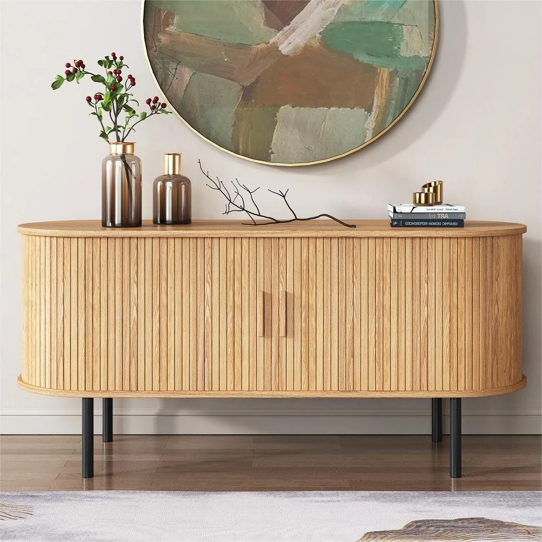 Dreamo Curved Sideboard with Sliding Doors Ribbed Nurtral