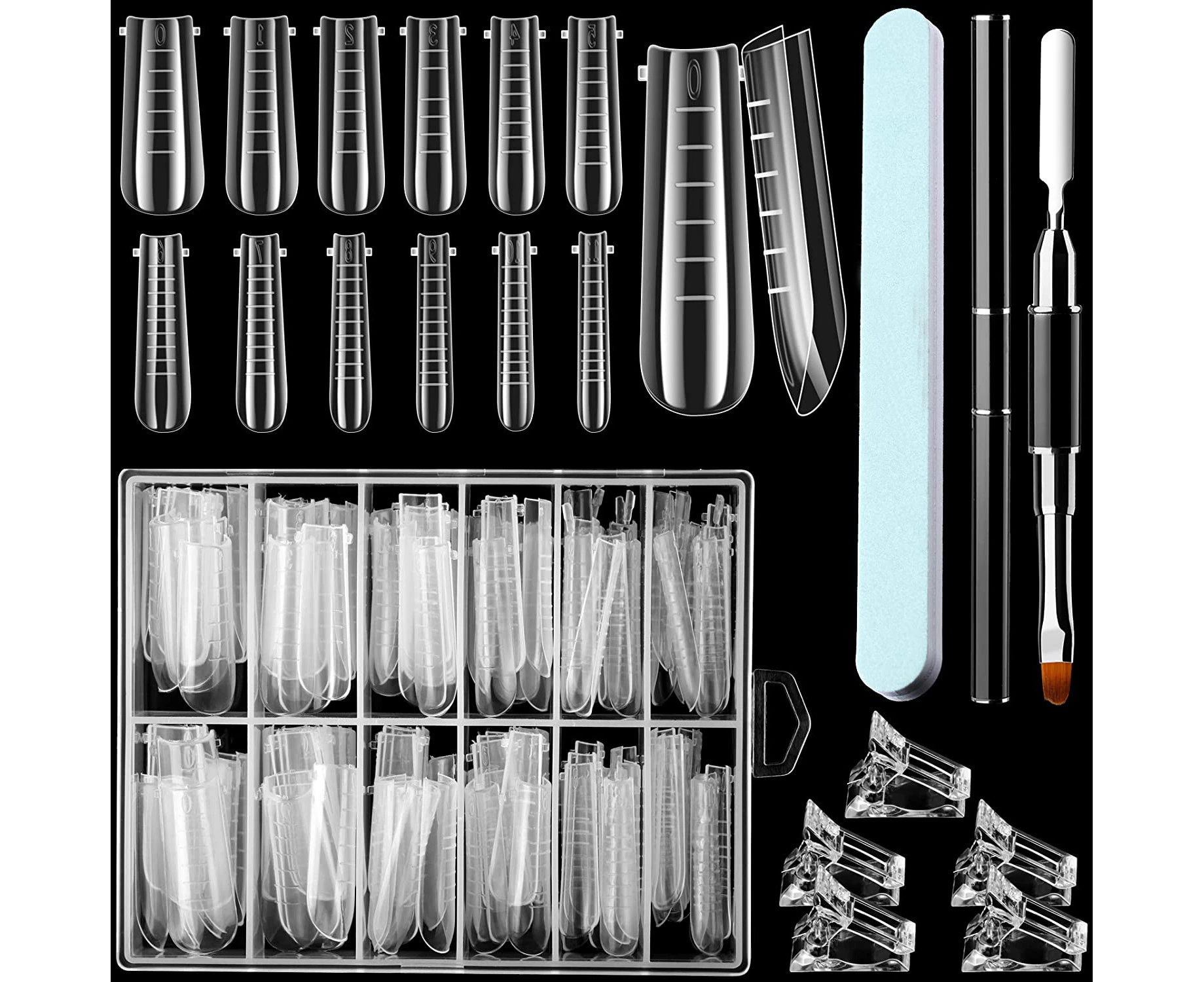 120 Pieces Dual Nail Forms Set Gel Nail Mold Extension Forms Coffin Nail Gel Forms for Acrylic UV Nails Clear with 12 Sizes Scale and Nail Clips Gel