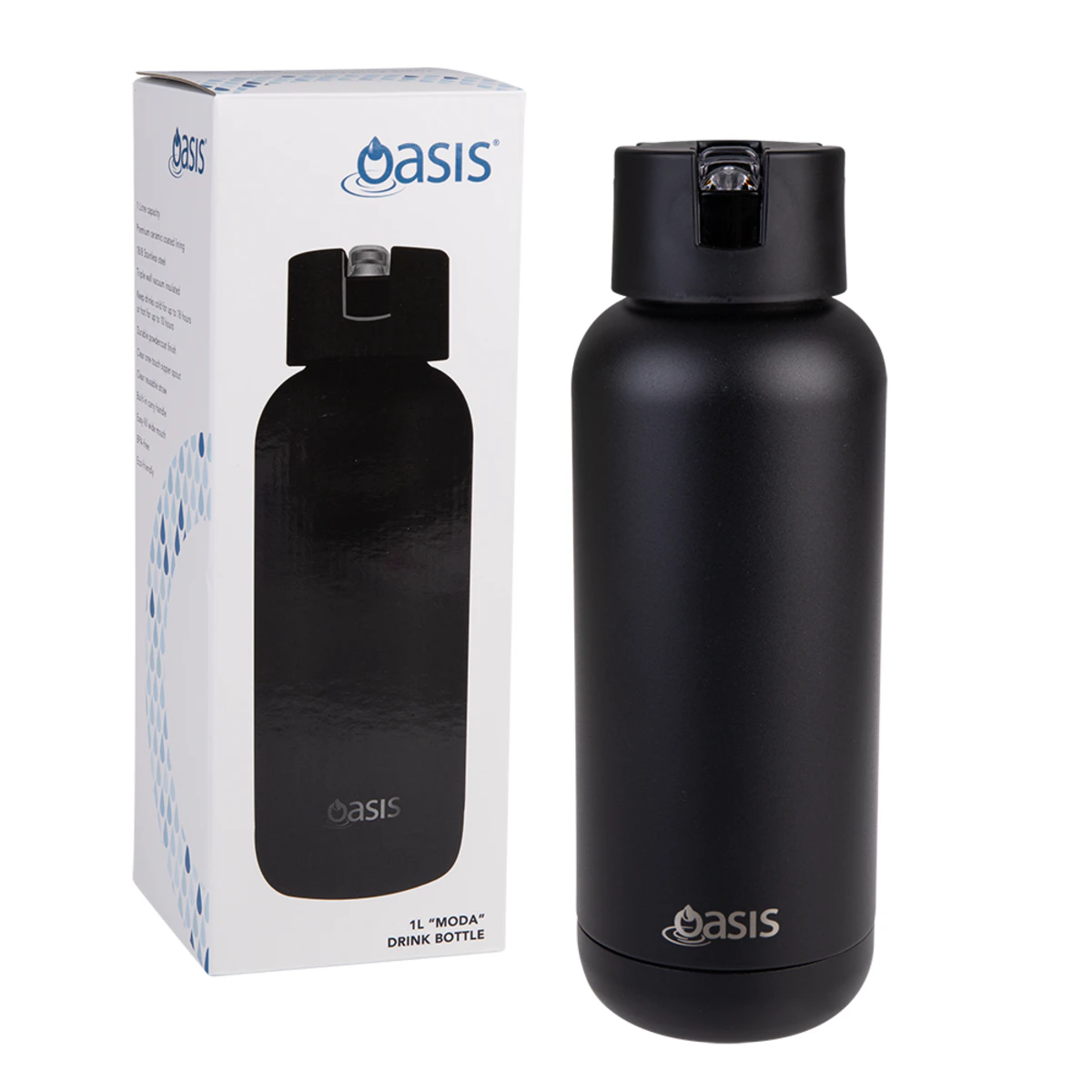 Oasis 1L Stainless Steel Ceramic "Moda" Triple Wall Ins. Drink Bottle Black