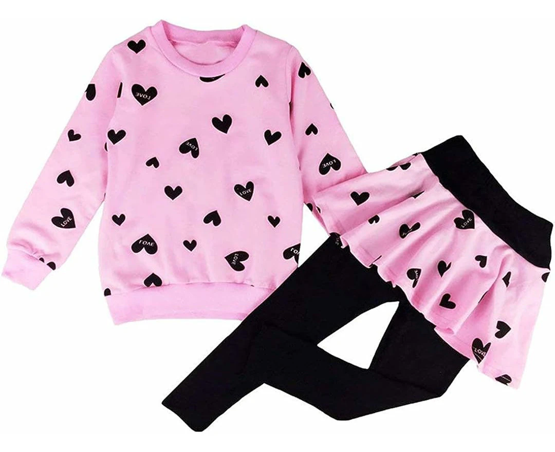 Little Girls Clothes Set Outfit Heart Print Fleece Sweatshirts Top And Leggings Set,1# Pink, 6-7 Years