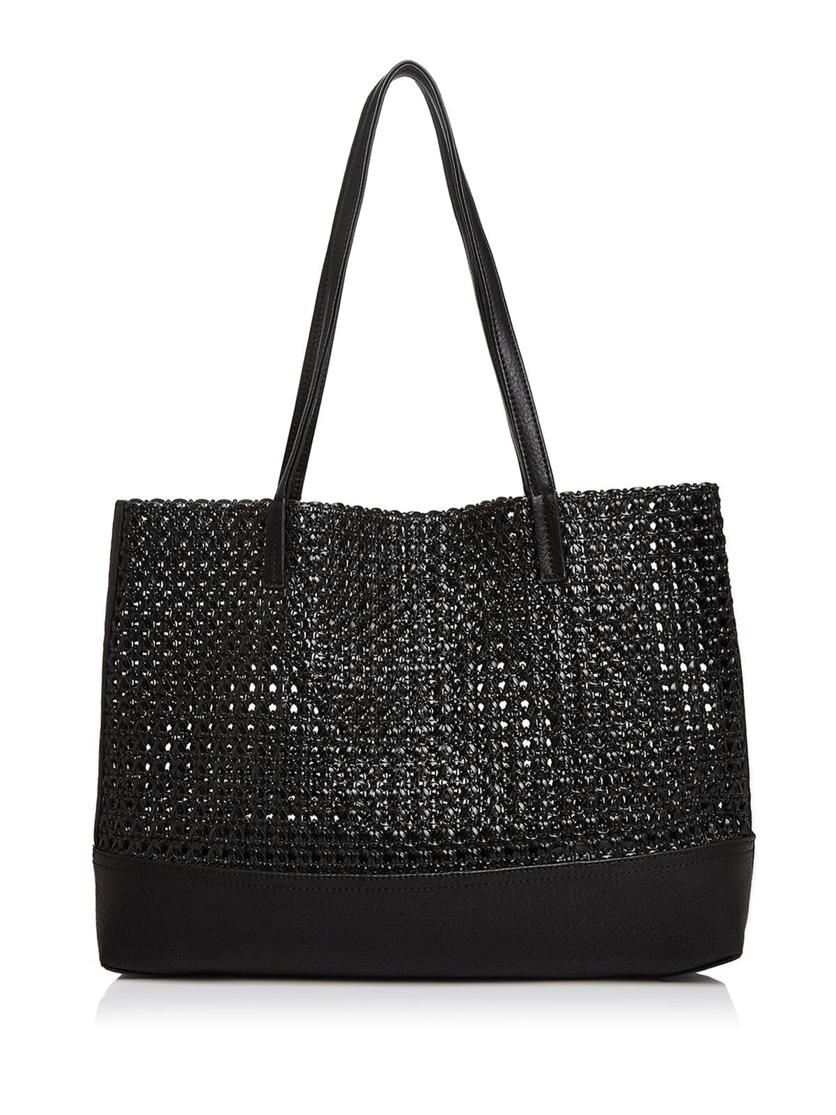 AQUA Women's Black Woven Double Flat Strap Tote Handbag Purse - Black