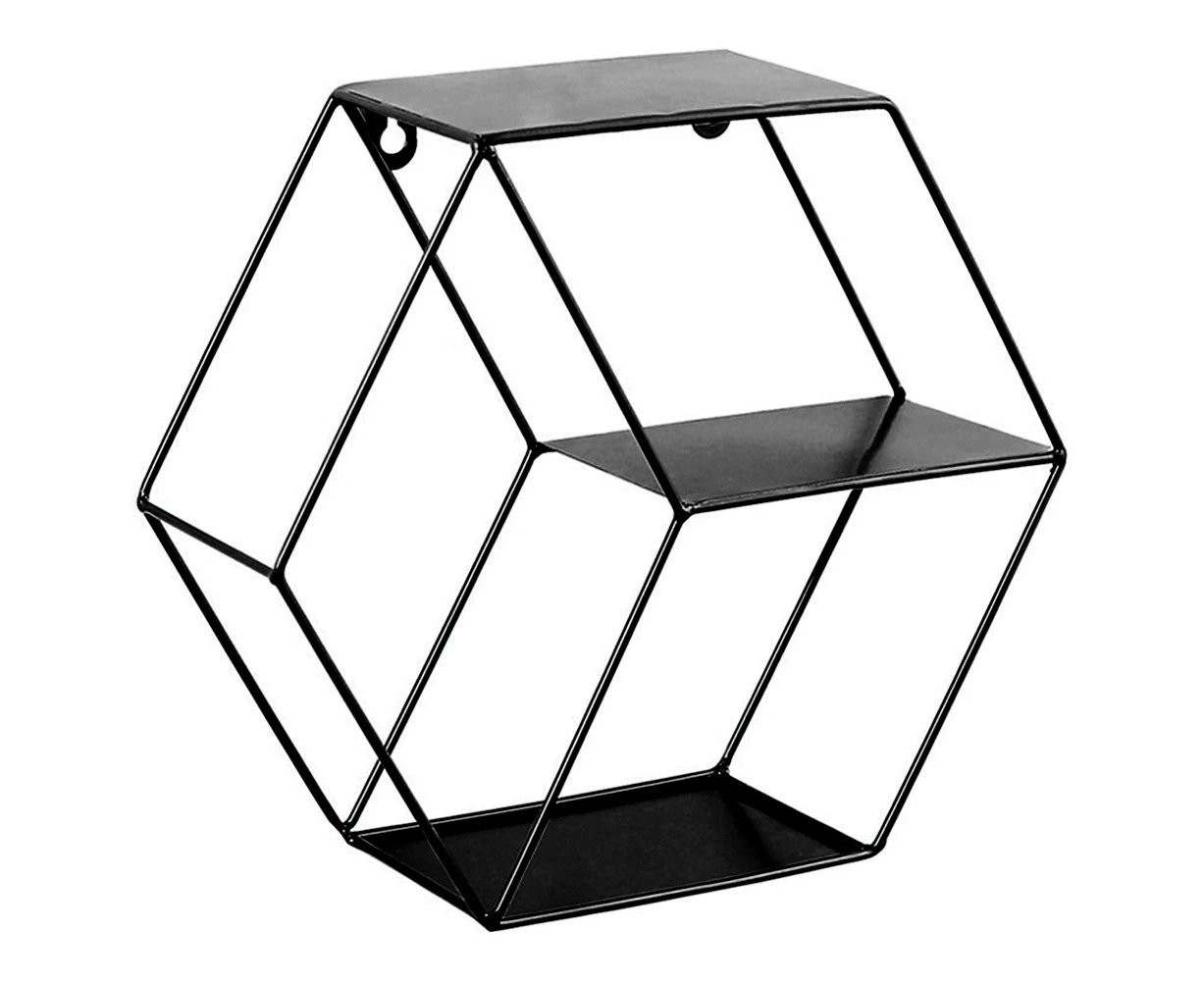 Metal Hexagonal Wall Hanging Shelf Storage Rack Living Room Bedroom Decoration-Black