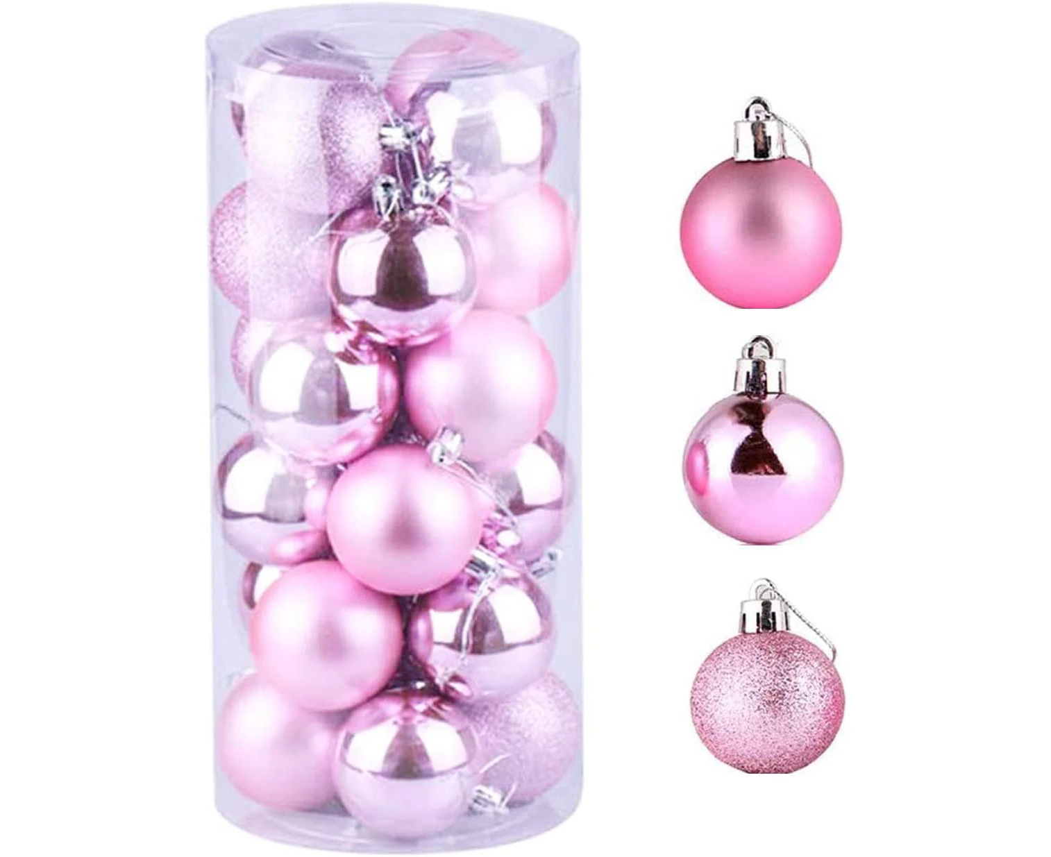 Christmas baubles, 24 pieces pink Christmas decorations, matte, glossy, glitter Christmas baubles