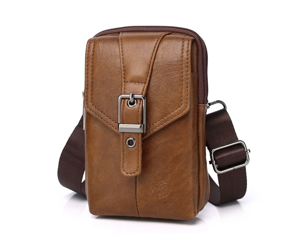 New 100% Genuine Leather Male Waist Pack Phone Pouch Bags Waist Bag Men's Small chest Shoulder Belt Bag Hook fanny pack - Brown