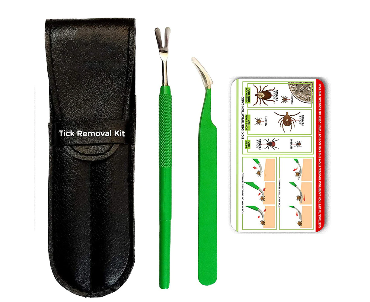 Tick Remover Kit - Stainless Steel Tick Remover + Tweezers, Leather Case, and Free Pocket Tick Identification Card