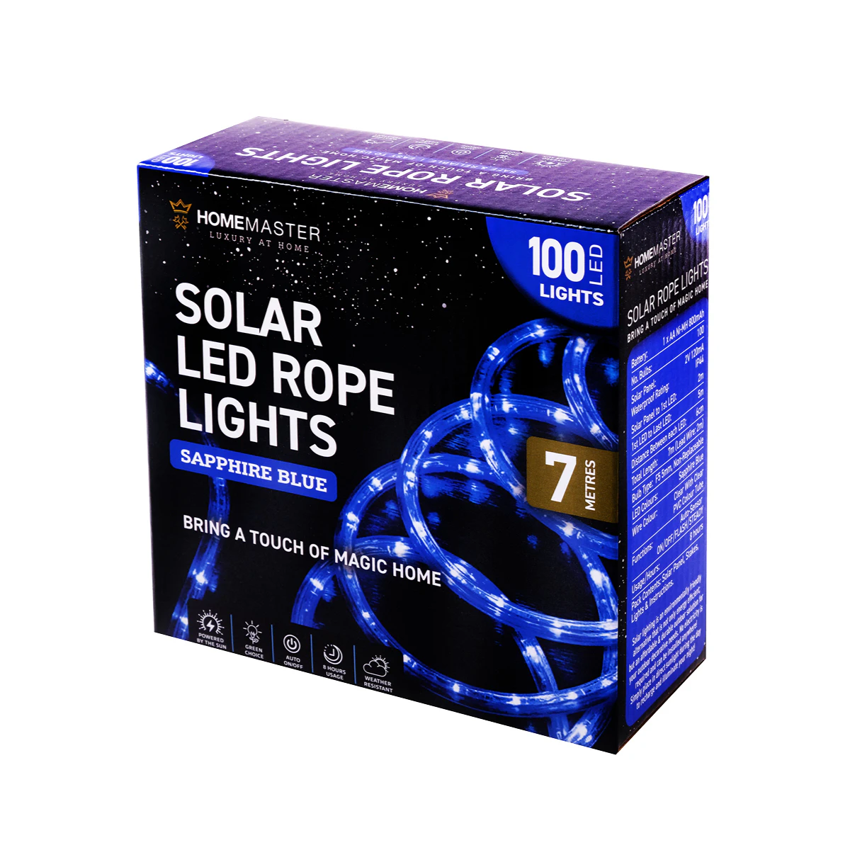 Home Master 7m LED Solar Rope Light Sapphire Blue 2 Modes 100 Bulbs