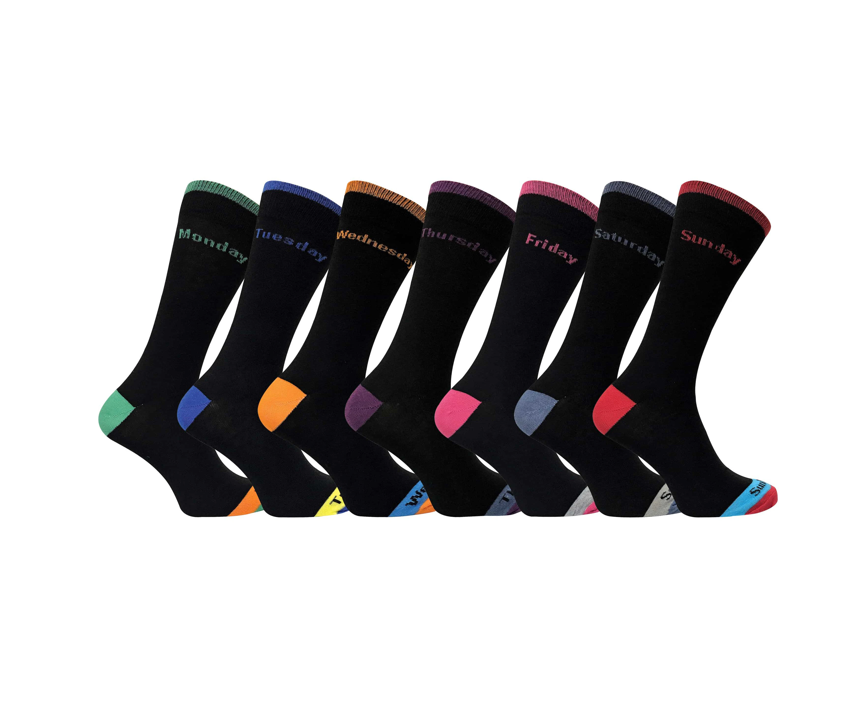 7 Pack Mens Black / Coloured Heel & Toe Day of the Week Cotton Socks - Days of the Week