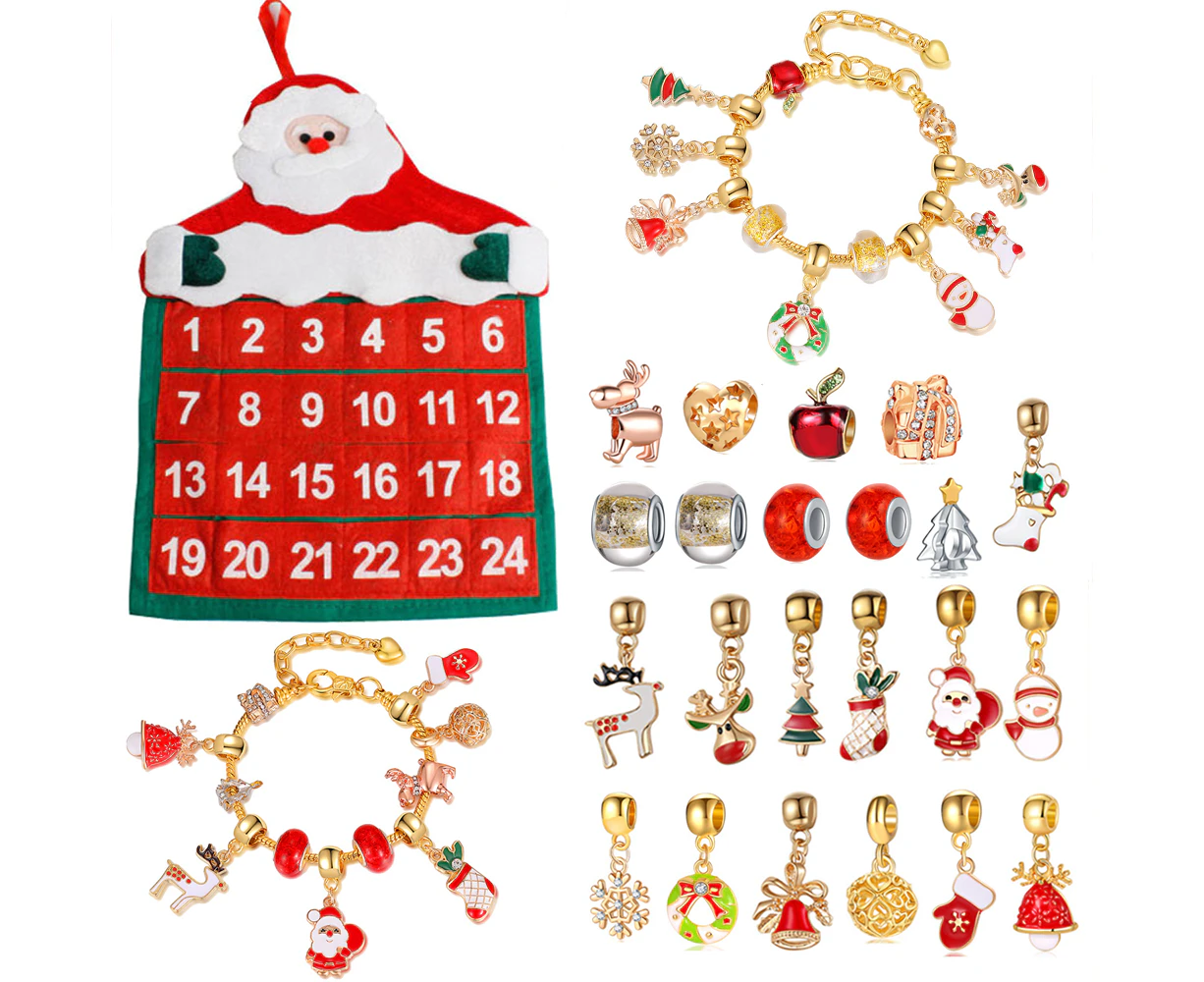 Christmas Jewelry Advent Calendar DIY Charm Bracelet Making Kit with Wall Hanging Santa Advent Calendar - 2 Set