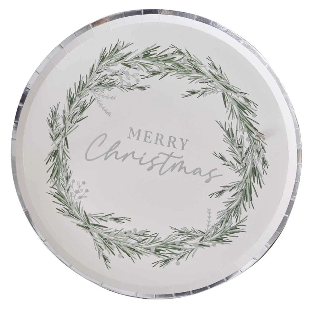 Merry Christmas Silver Paper Dinner Plates 8 Pack