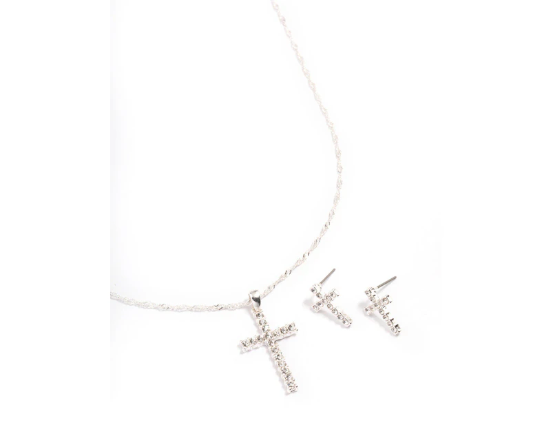 Silver Diamante Cross Jewellery Set