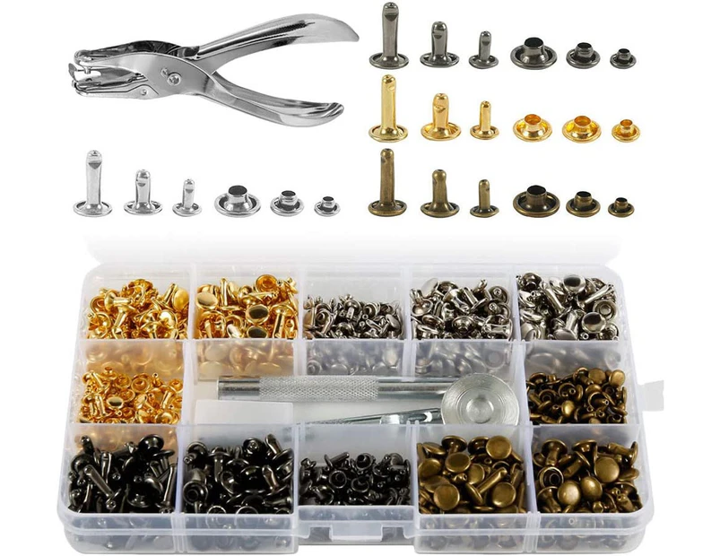 360 Leather Rivets Set Double Cap, 3 Sizes Metal Tubular Rivet with Punch Pliers and 3 Pieces Fixing Tools