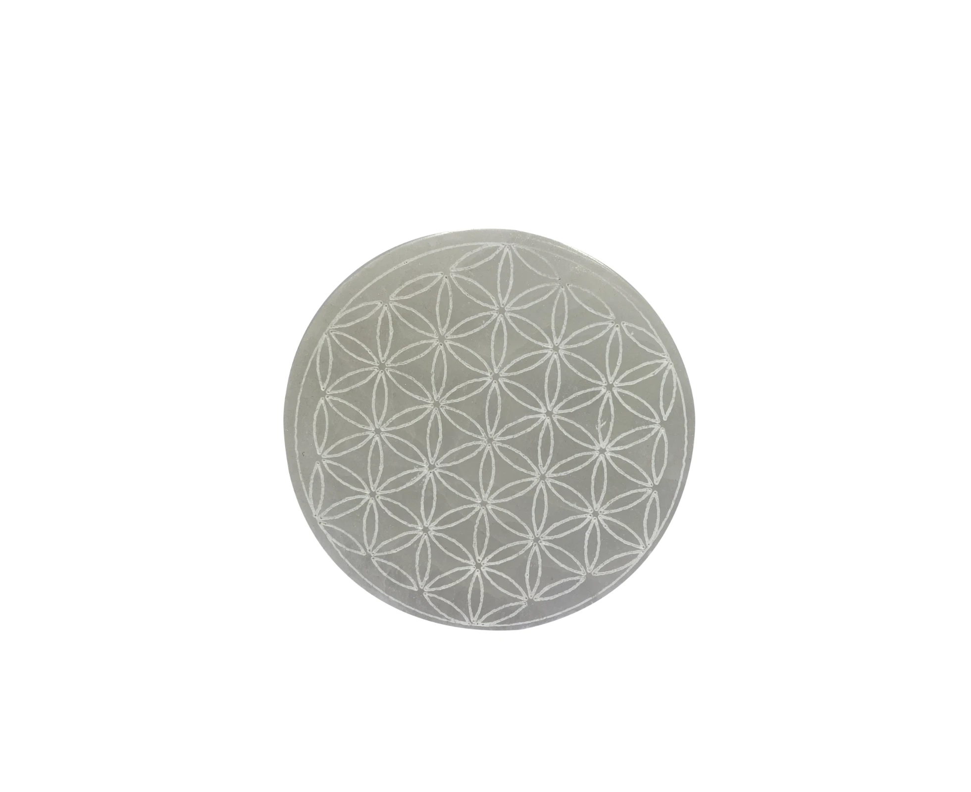 Flower of Life Selenite Charging Round Display Plate Crystal Jewelry Dish Holder