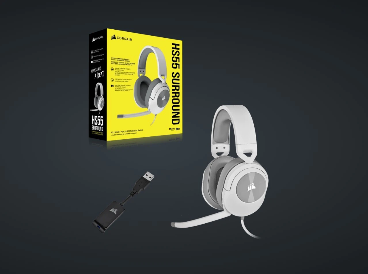 Corsair HS55 White 7.1 SURROUND Gaming Headset, PS5, Switch. ICUE, Discord Certified, Ultra Comfort Foam, 3.5mm Wired (LS)